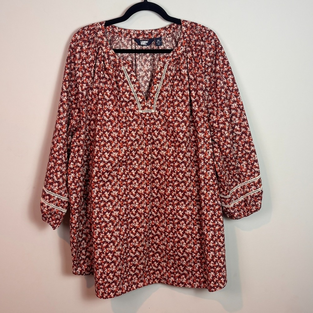 Lands End Womens 100% Cotton Brown Orange Micro Floral Peasant Blouse sz 2x/20W